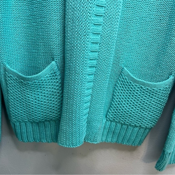 JNY Open Front Buttons Cable Knit Cardigan Teal Sz M Cotton Cottagecore Pocket - Picture 4 of 15